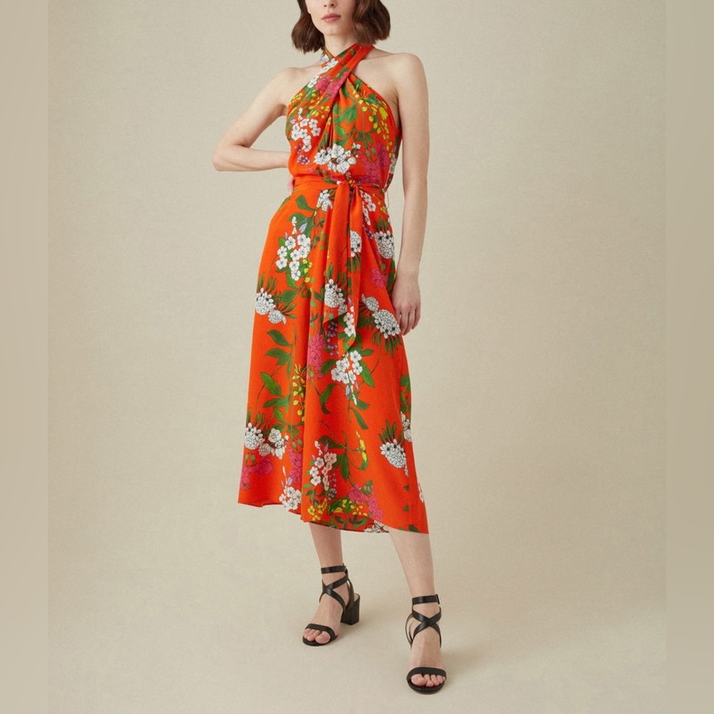 Karen Millen Orange Floral Halter Midi Dress